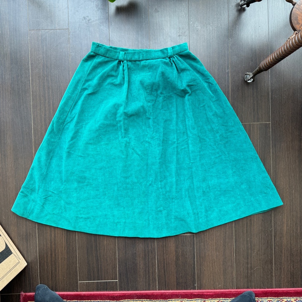 Vintage 60s/70s Handmade Corduroy Midi Skirt – Teal, High-Waisted A-Line